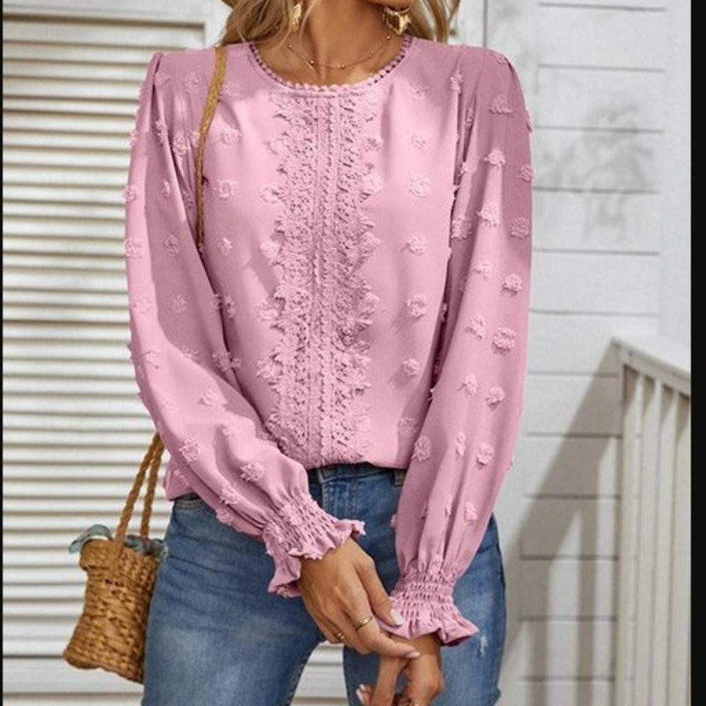 Mauve/dusty rose Swiss dot crochet-accent long-sleeve top, Sz. S, NIB